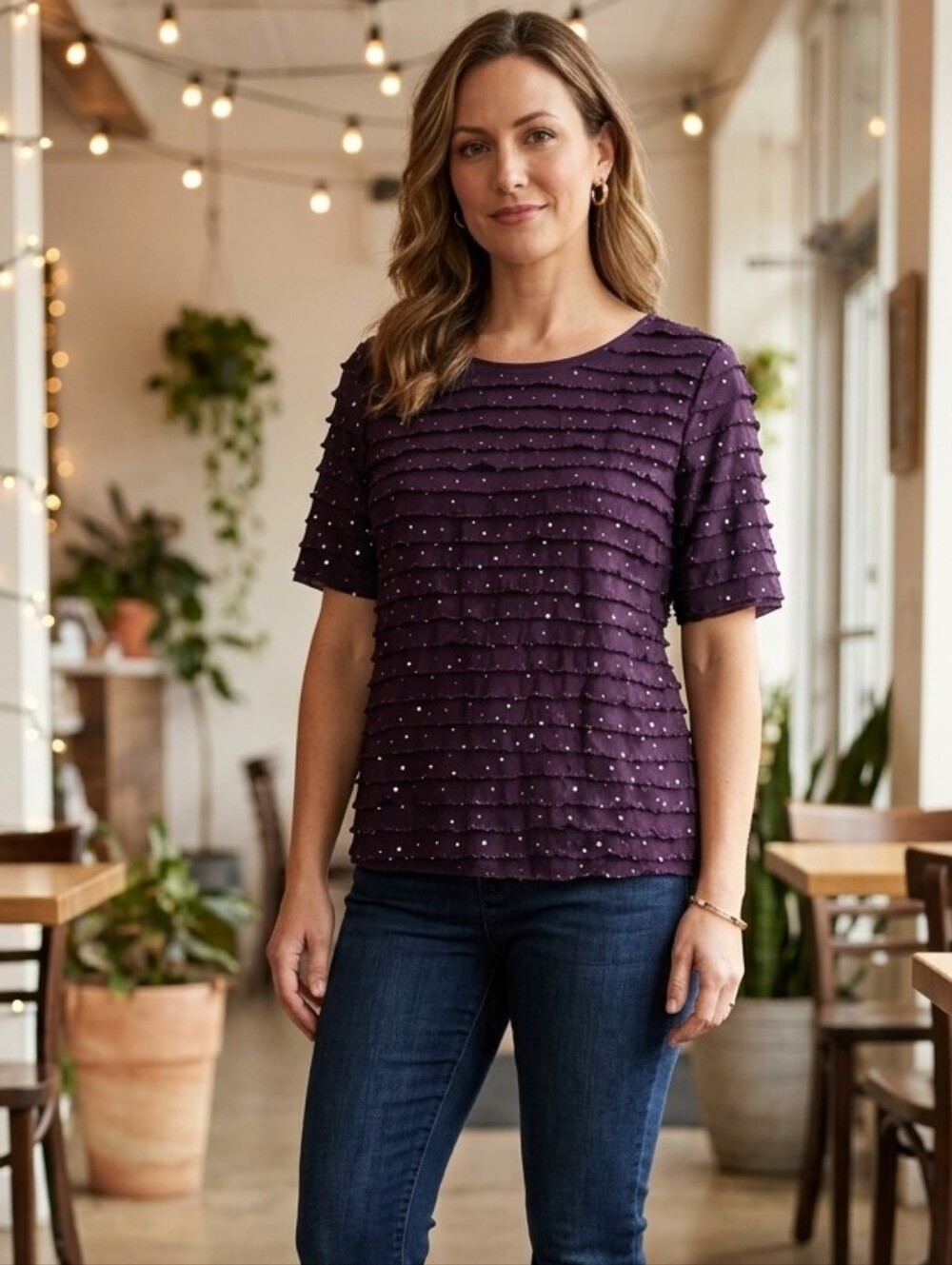 Modern Attraction Medium Purple Tiered Ruffle Sequin Short Sleeve Top Blouse